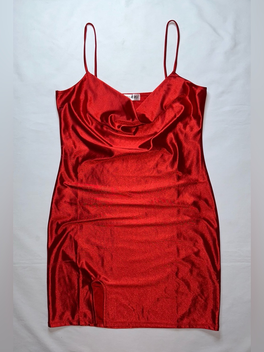 Popular 21 Red Satin Cowl Neck Bodycon Mini Dress Spaghetti Strap Party Club L